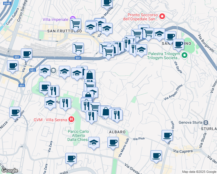 map of restaurants, bars, coffee shops, grocery stores, and more near 2 Via Somalia in Genova