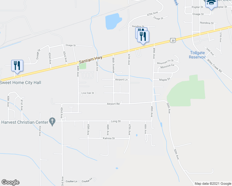 map of restaurants, bars, coffee shops, grocery stores, and more near 4541 Live Oak Street in Sweet Home