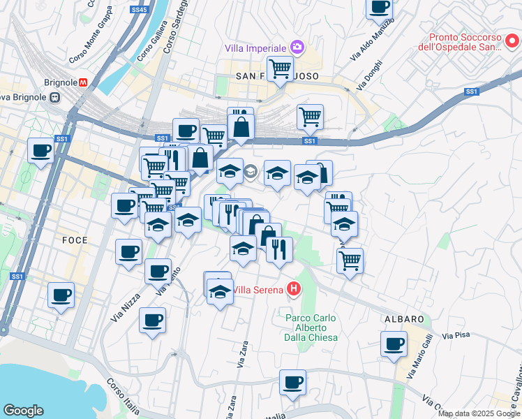 map of restaurants, bars, coffee shops, grocery stores, and more near 7 Via Giorgio Byron in Genova