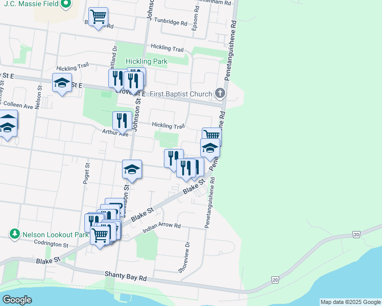 map of restaurants, bars, coffee shops, grocery stores, and more near 102 Buchanan Street in Barrie