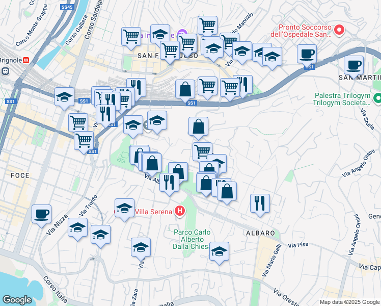 map of restaurants, bars, coffee shops, grocery stores, and more near 5 Viale Gofferdo Palazzi in Genova