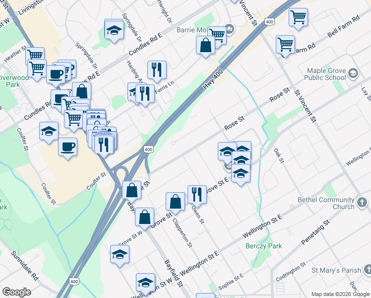 map of restaurants, bars, coffee shops, grocery stores, and more near 54 Rose Street in Barrie