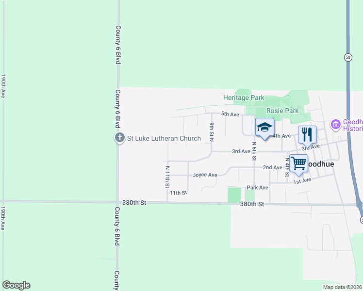 map of restaurants, bars, coffee shops, grocery stores, and more near 391 Crestview Court in Goodhue