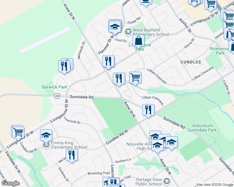 map of restaurants, bars, coffee shops, grocery stores, and more near 348 Anne Street North in Barrie