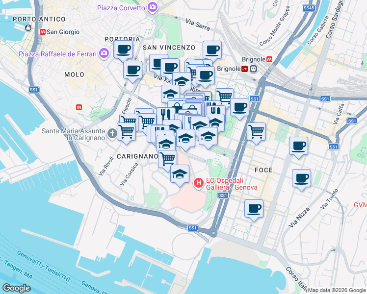 map of restaurants, bars, coffee shops, grocery stores, and more near 57 Via Giuseppe Macaggi in Genova