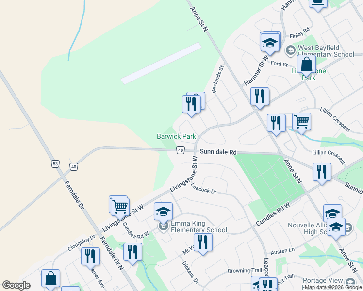 map of restaurants, bars, coffee shops, grocery stores, and more near 61 Barwick Drive in Barrie