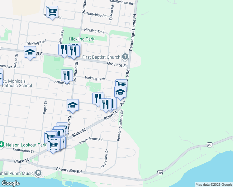 map of restaurants, bars, coffee shops, grocery stores, and more near 70 Buchanan Street in Barrie