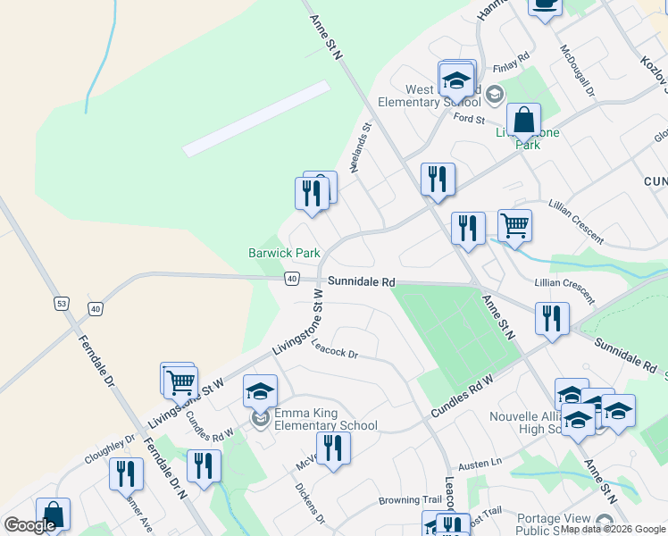 map of restaurants, bars, coffee shops, grocery stores, and more near 55 Etherington Crescent in Barrie
