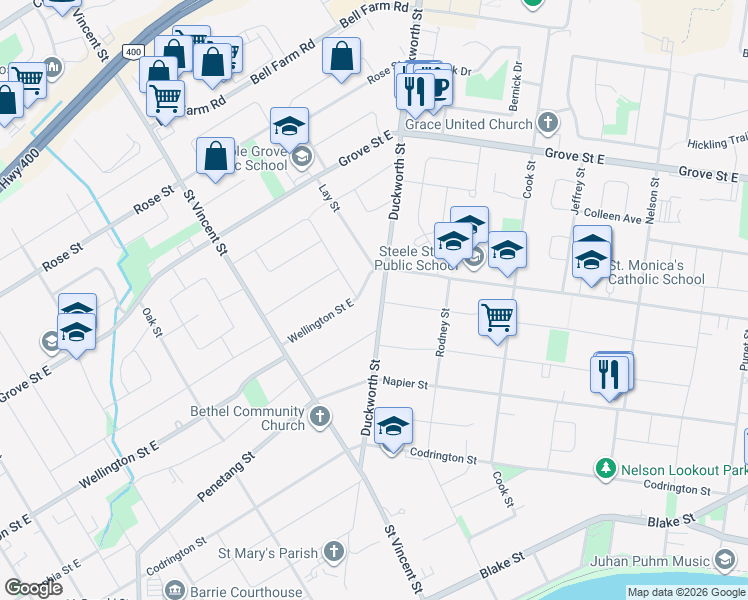 map of restaurants, bars, coffee shops, grocery stores, and more near 262 Duckworth Street in Barrie