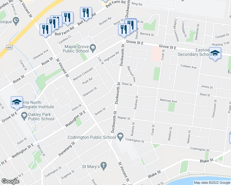 map of restaurants, bars, coffee shops, grocery stores, and more near 262 Duckworth Street in Barrie