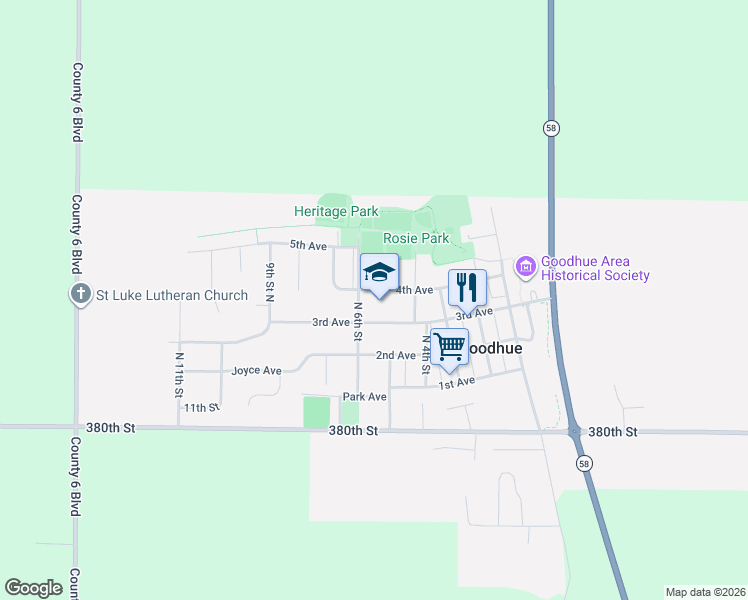 map of restaurants, bars, coffee shops, grocery stores, and more near 301 North 6th Street in Goodhue