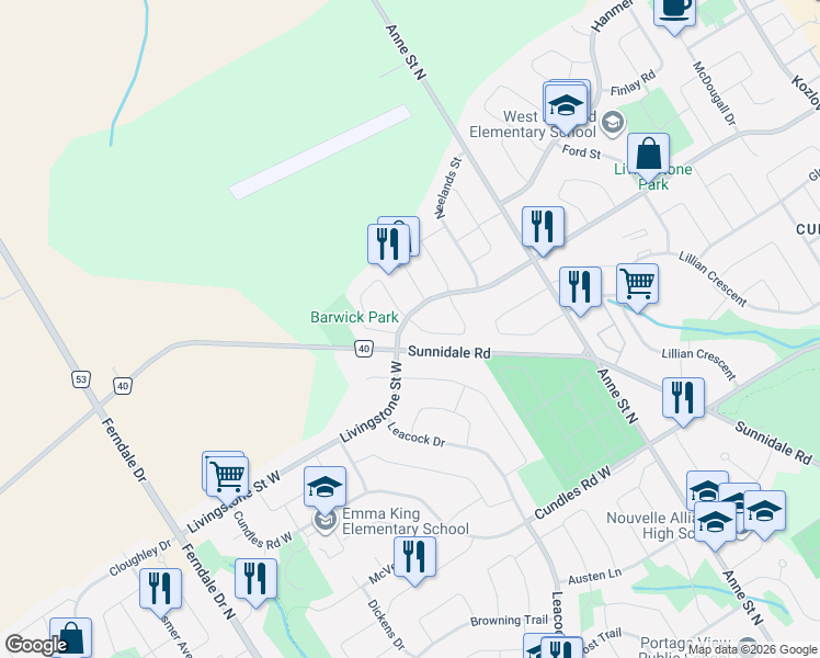 map of restaurants, bars, coffee shops, grocery stores, and more near 251 Livingstone Street West in Barrie
