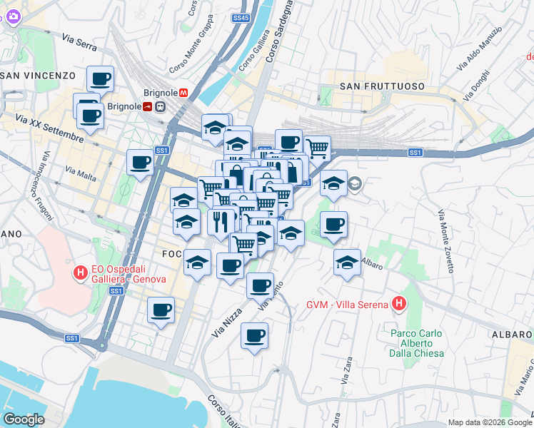 map of restaurants, bars, coffee shops, grocery stores, and more near 1-20 Piazza Tommaseo in Genoa
