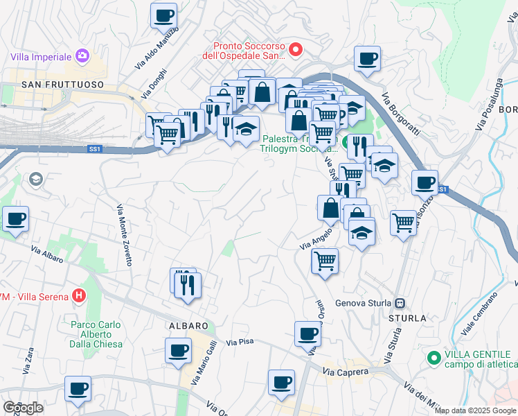 map of restaurants, bars, coffee shops, grocery stores, and more near 29 Via Dodecaneso in Genova
