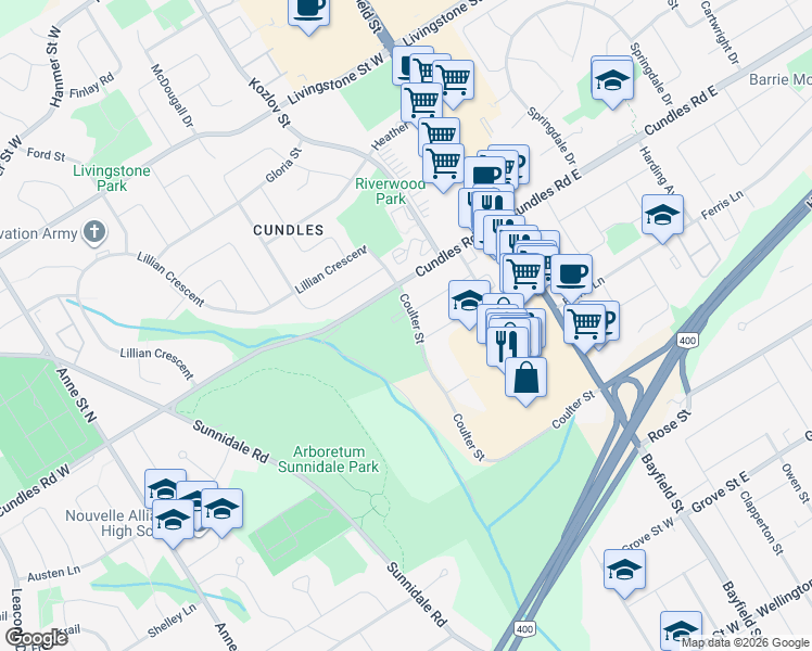 map of restaurants, bars, coffee shops, grocery stores, and more near 10 Coulter Street in Barrie