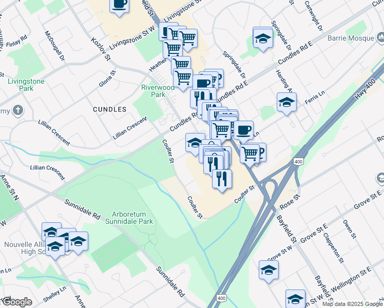 map of restaurants, bars, coffee shops, grocery stores, and more near 17 Argyle Road in Barrie