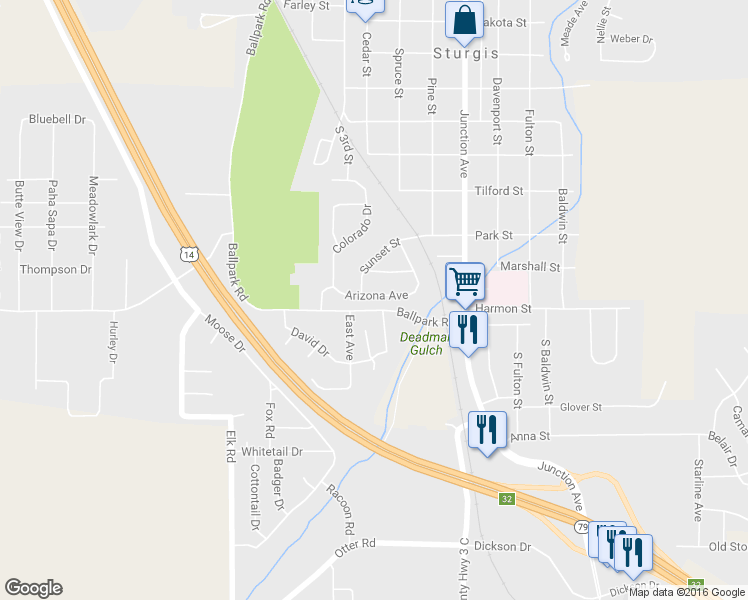 map of restaurants, bars, coffee shops, grocery stores, and more near 1936 Arizona Avenue in Sturgis