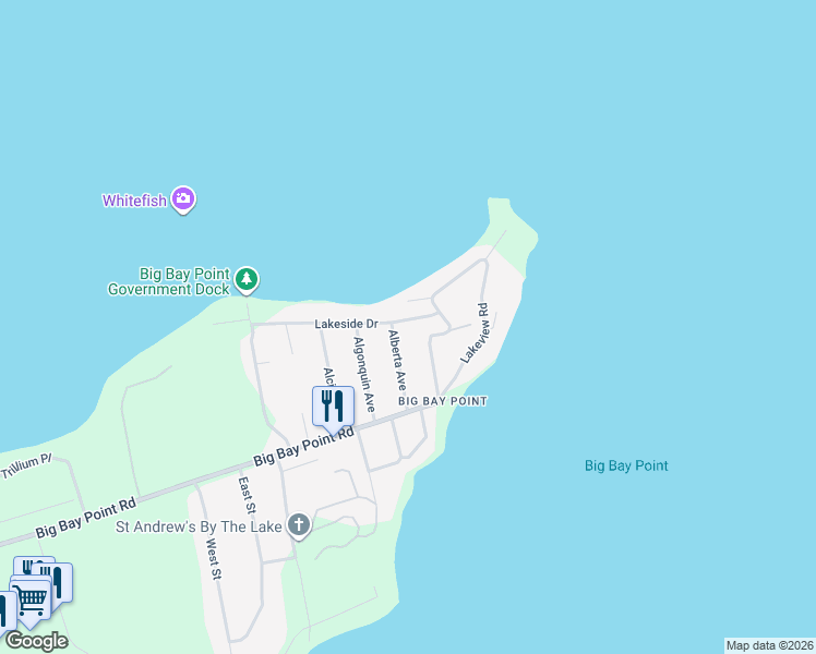 map of restaurants, bars, coffee shops, grocery stores, and more near 43 Lakeside Drive in Innisfil