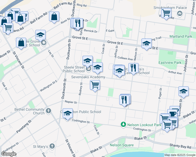 map of restaurants, bars, coffee shops, grocery stores, and more near 55 Steel Street in Barrie