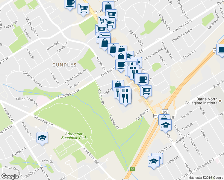 map of restaurants, bars, coffee shops, grocery stores, and more near 17 Argyle Road in Barrie