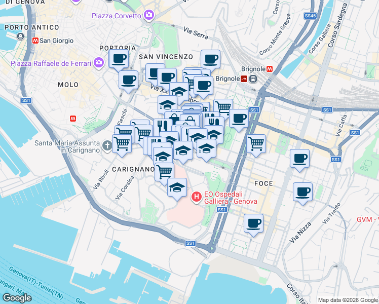 map of restaurants, bars, coffee shops, grocery stores, and more near 57 Via Giuseppe Macaggi in Genova