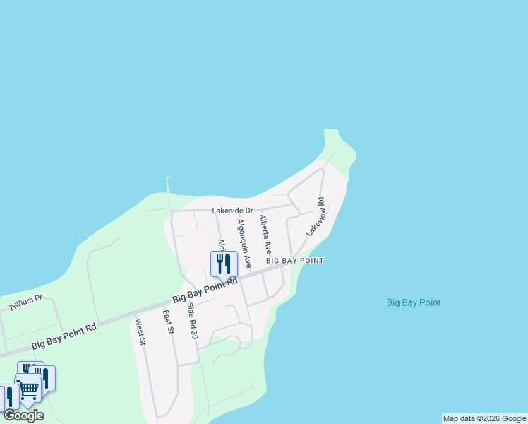 map of restaurants, bars, coffee shops, grocery stores, and more near 47 Lakeside Drive in Innisfil