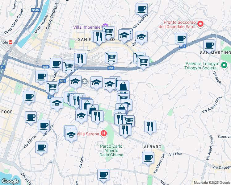 map of restaurants, bars, coffee shops, grocery stores, and more near 5 Viale Goffredo Palazzi in Genova