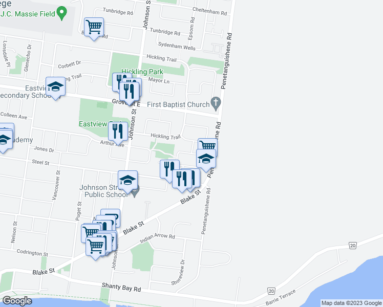 map of restaurants, bars, coffee shops, grocery stores, and more near Buchanan Street in Barrie