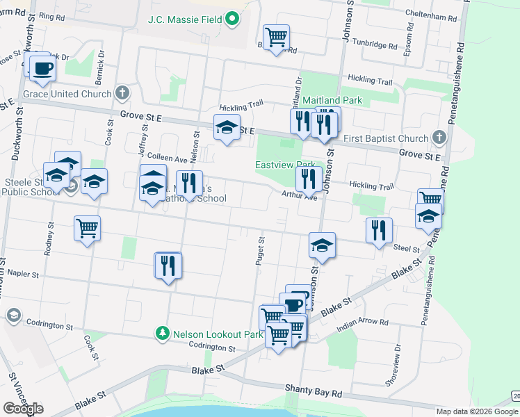 map of restaurants, bars, coffee shops, grocery stores, and more near 64 Jones Drive in Barrie
