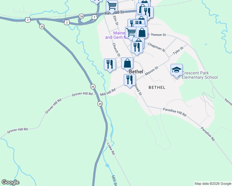 map of restaurants, bars, coffee shops, grocery stores, and more near 33 Mill Hill Road in Bethel