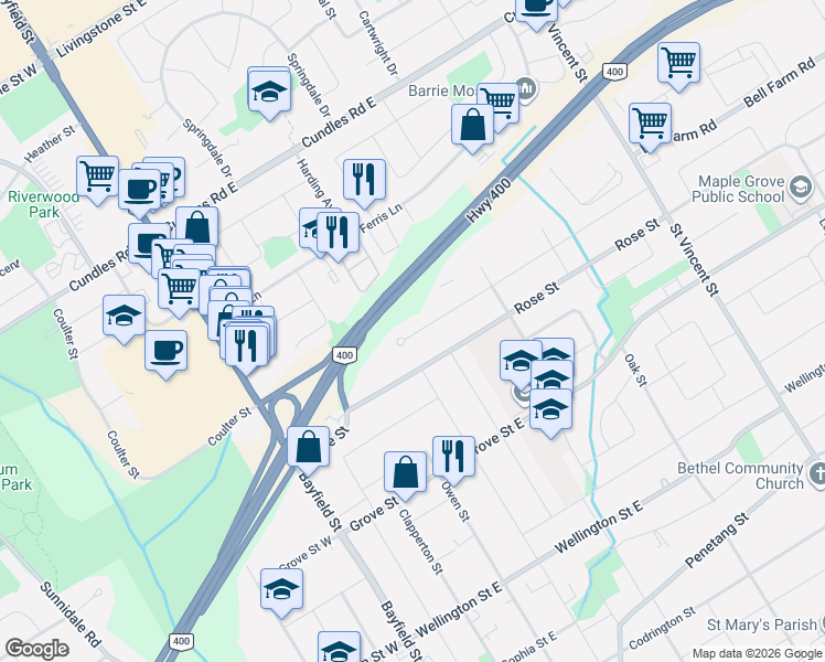 map of restaurants, bars, coffee shops, grocery stores, and more near in Barrie