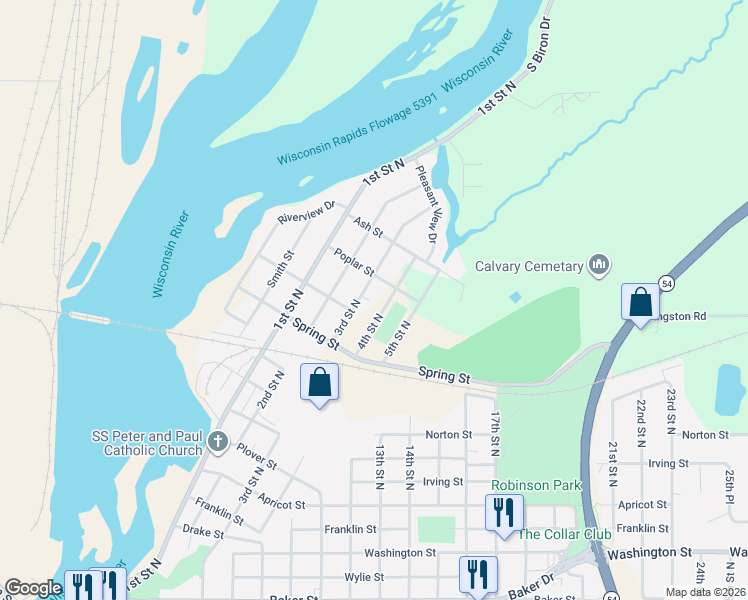 map of restaurants, bars, coffee shops, grocery stores, and more near 310 Poplar Street in Wisconsin Rapids
