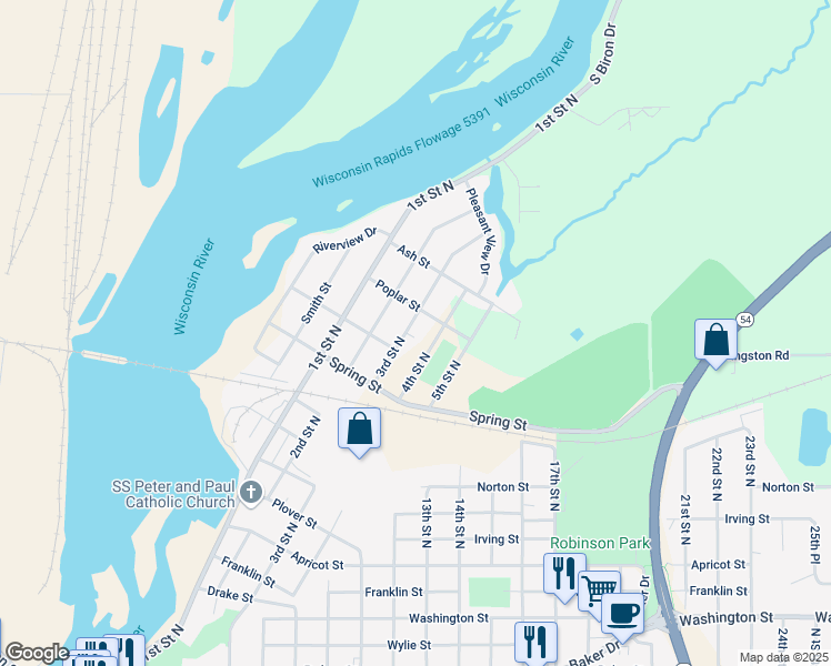 map of restaurants, bars, coffee shops, grocery stores, and more near 310 Poplar Street in Wisconsin Rapids