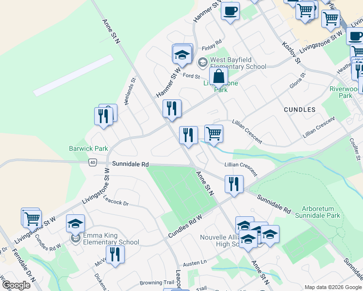 map of restaurants, bars, coffee shops, grocery stores, and more near Anne Street North in Barrie