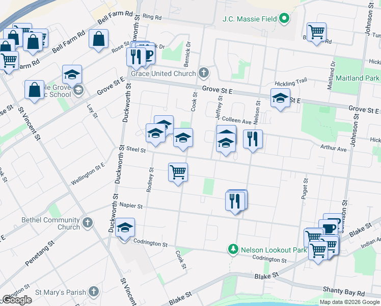 map of restaurants, bars, coffee shops, grocery stores, and more near 58 Steel Street in Barrie