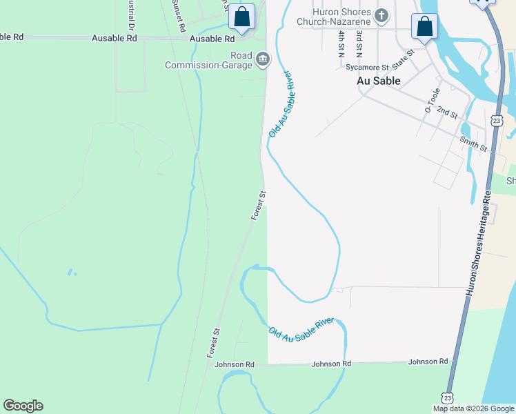 map of restaurants, bars, coffee shops, grocery stores, and more near 3921 Forest Street in Au Sable Charter Township