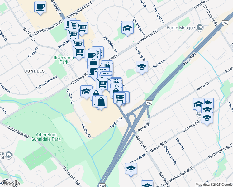 map of restaurants, bars, coffee shops, grocery stores, and more near 331 Bayfield Street in Barrie