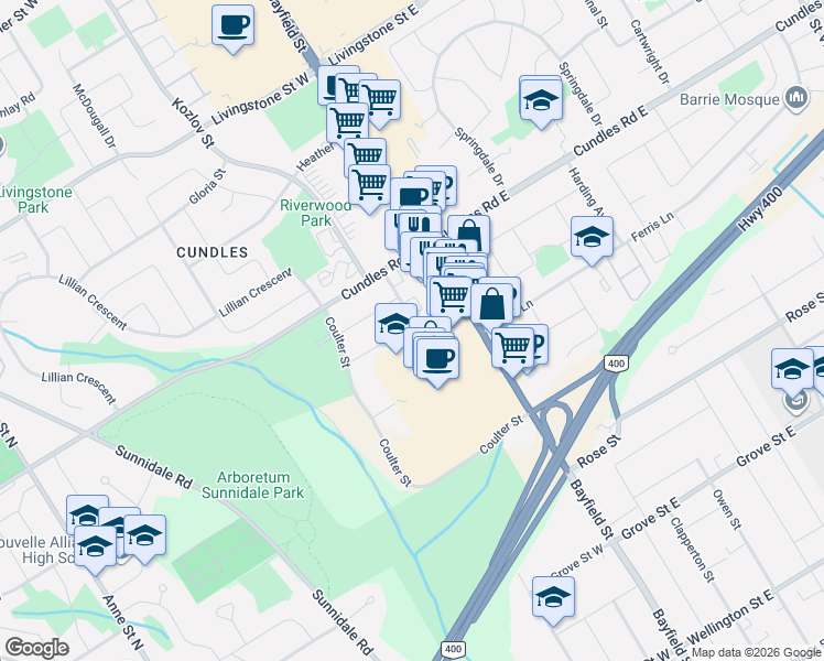 map of restaurants, bars, coffee shops, grocery stores, and more near 36 Glenwood Drive in Barrie