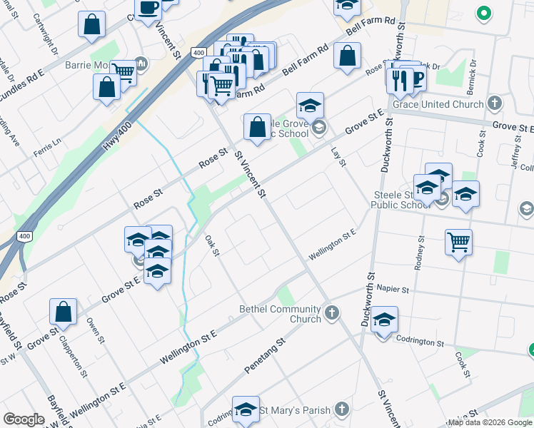 map of restaurants, bars, coffee shops, grocery stores, and more near 244 Saint Vincent Street in Barrie