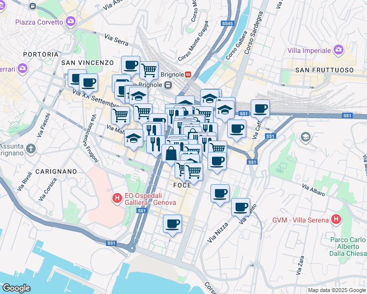 map of restaurants, bars, coffee shops, grocery stores, and more near 10 Viale Brigata Bisagno in Genova