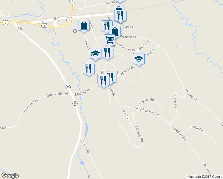 map of restaurants, bars, coffee shops, grocery stores, and more near 67 Broad Street in Bethel