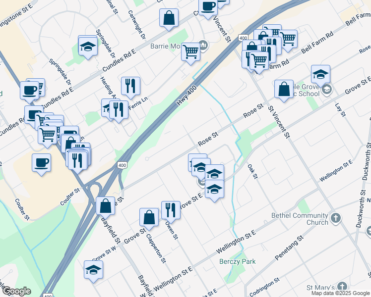 map of restaurants, bars, coffee shops, grocery stores, and more near 82 Rose Street in Barrie