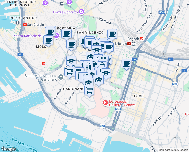 map of restaurants, bars, coffee shops, grocery stores, and more near 10 Via Anton Maria Maragliano in Genoa
