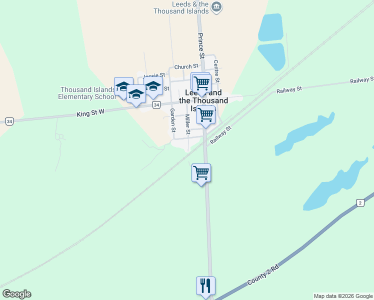 map of restaurants, bars, coffee shops, grocery stores, and more near 2 Miller Street in Leeds and the Thousand Islands