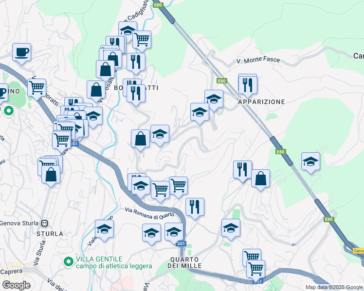map of restaurants, bars, coffee shops, grocery stores, and more near 13 Via Monaco Simone in Genova
