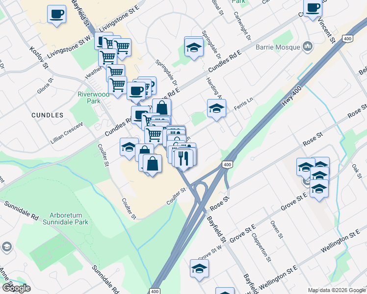 map of restaurants, bars, coffee shops, grocery stores, and more near 11 Ferris Lane in Barrie