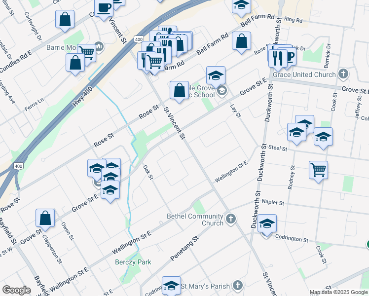 map of restaurants, bars, coffee shops, grocery stores, and more near 248 Saint Vincent Street in Barrie