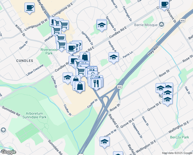 map of restaurants, bars, coffee shops, grocery stores, and more near in Barrie