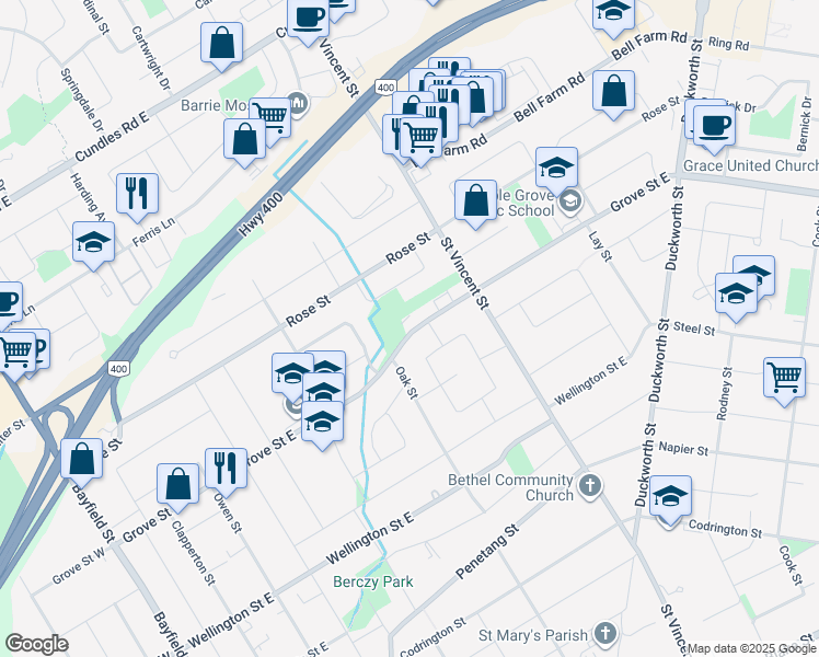 map of restaurants, bars, coffee shops, grocery stores, and more near 174 Grove Street East in Barrie