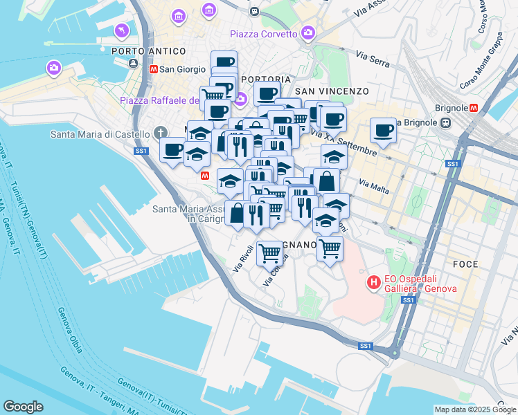 map of restaurants, bars, coffee shops, grocery stores, and more near 18 Via Fieschi in Genova